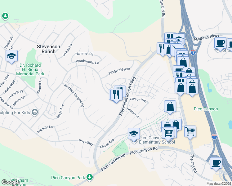 map of restaurants, bars, coffee shops, grocery stores, and more near 25802 Hemingway Avenue in Stevenson Ranch