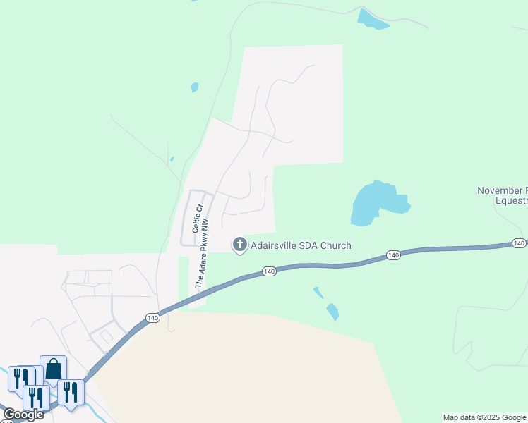map of restaurants, bars, coffee shops, grocery stores, and more near 30 Shamrock Chase in Adairsville