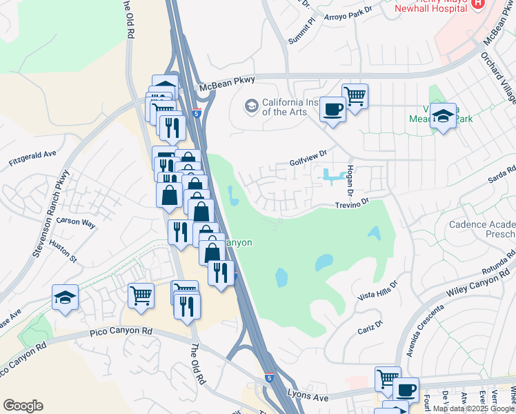 map of restaurants, bars, coffee shops, grocery stores, and more near 24760 Masters Cup Way in Santa Clarita