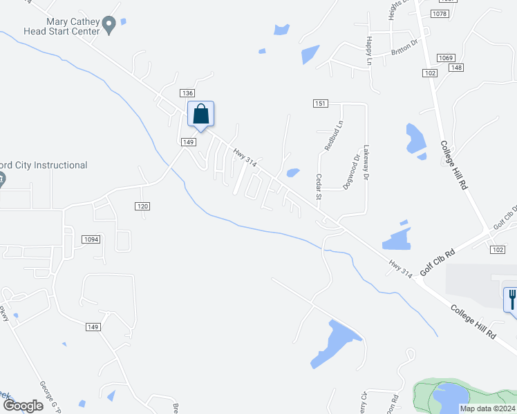 map of restaurants, bars, coffee shops, grocery stores, and more near 124 Creekwood Drive in Oxford