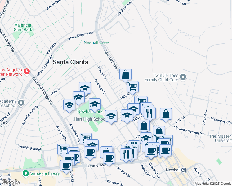 map of restaurants, bars, coffee shops, grocery stores, and more near 24908 Walnut Street in Santa Clarita