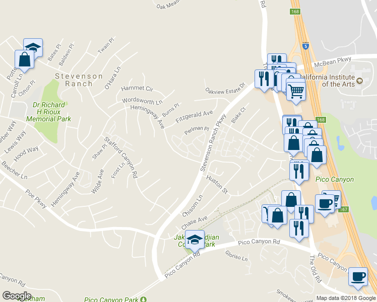 map of restaurants, bars, coffee shops, grocery stores, and more near 25802 Hemingway Avenue in Stevenson Ranch