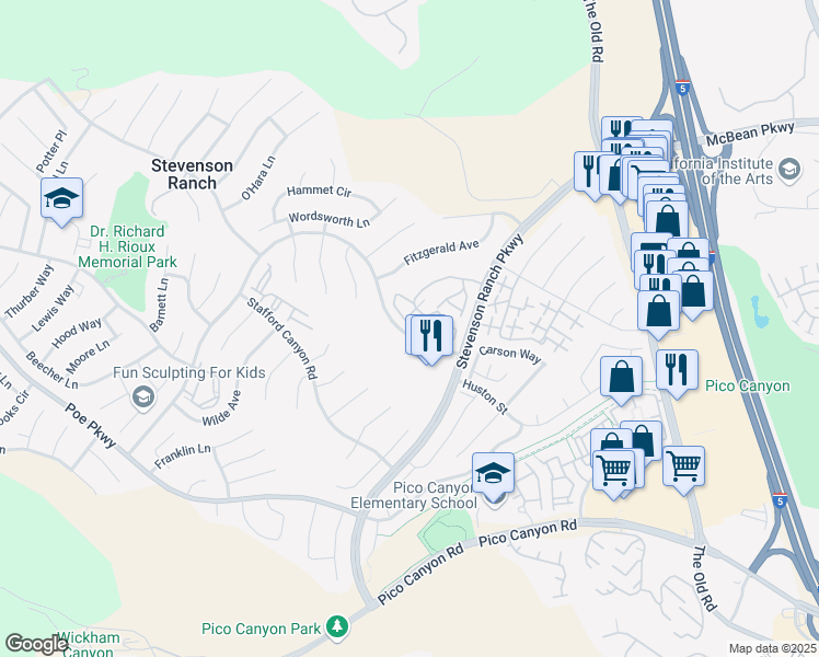 map of restaurants, bars, coffee shops, grocery stores, and more near 25870 Hemingway Avenue in Stevenson Ranch