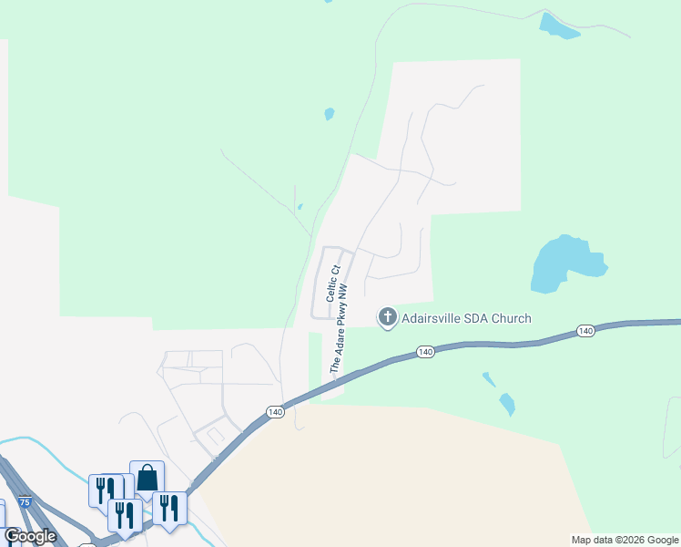 map of restaurants, bars, coffee shops, grocery stores, and more near 26 Celtic Court in Adairsville