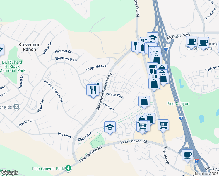 map of restaurants, bars, coffee shops, grocery stores, and more near 25220 Steinbeck Avenue in Stevenson Ranch