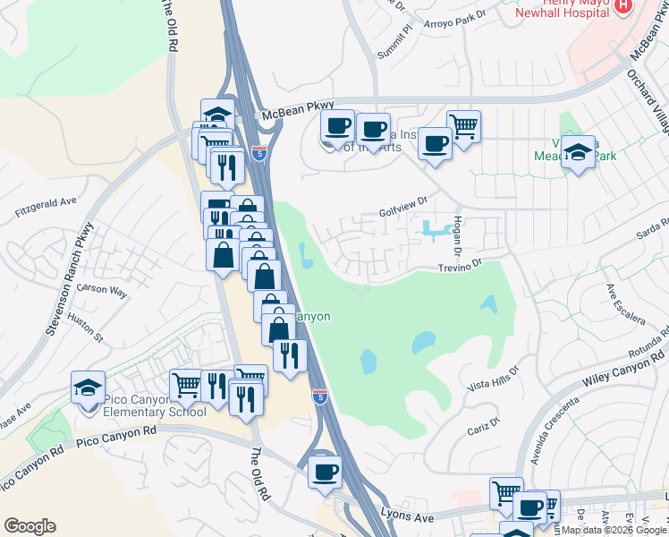 map of restaurants, bars, coffee shops, grocery stores, and more near 24764 Masters Cup Way in Santa Clarita