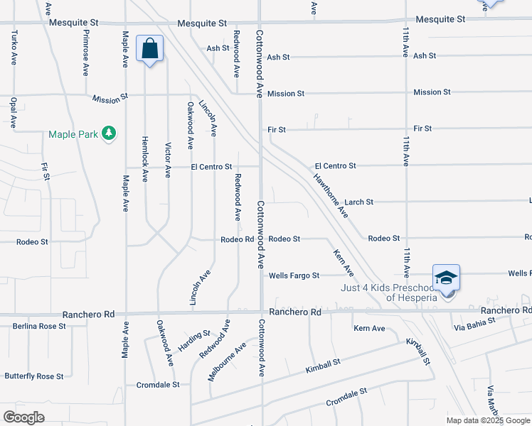 map of restaurants, bars, coffee shops, grocery stores, and more near 14924 Rodeo Street in Hesperia