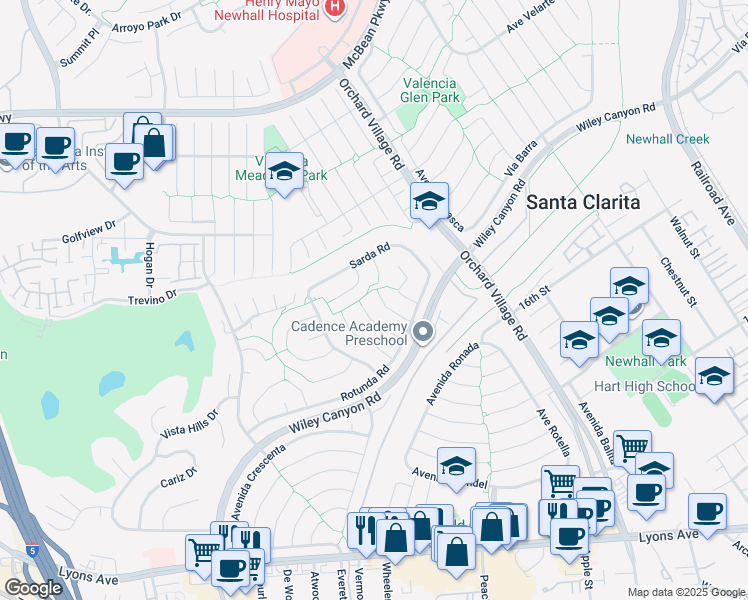 map of restaurants, bars, coffee shops, grocery stores, and more near 25451 Vía Macarena in Santa Clarita