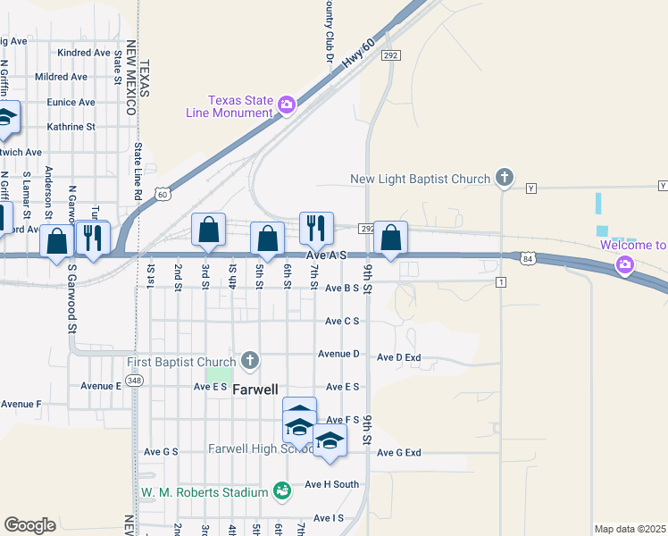 map of restaurants, bars, coffee shops, grocery stores, and more near 510 Avenue B South in Farwell