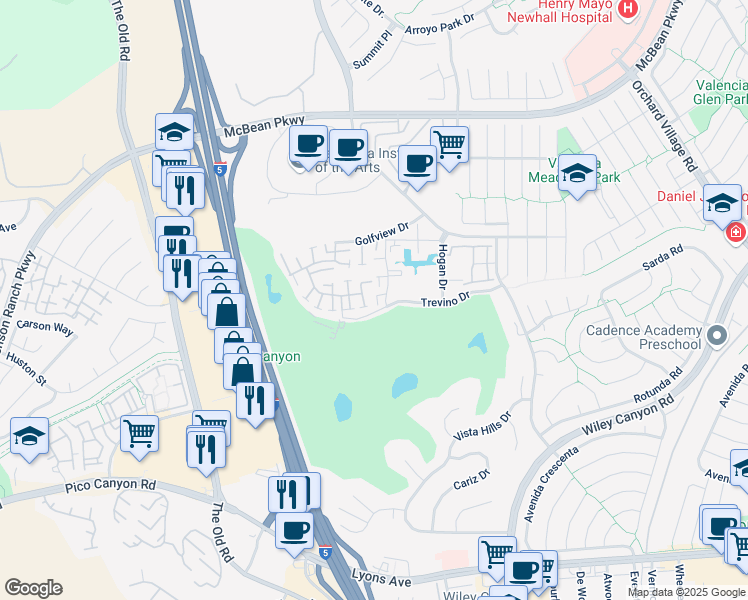 map of restaurants, bars, coffee shops, grocery stores, and more near 24609 Trevino Drive in Santa Clarita