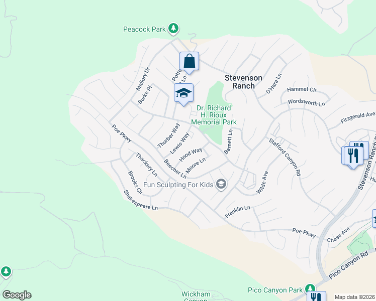 map of restaurants, bars, coffee shops, grocery stores, and more near 25713 Lewis Way in Stevenson Ranch