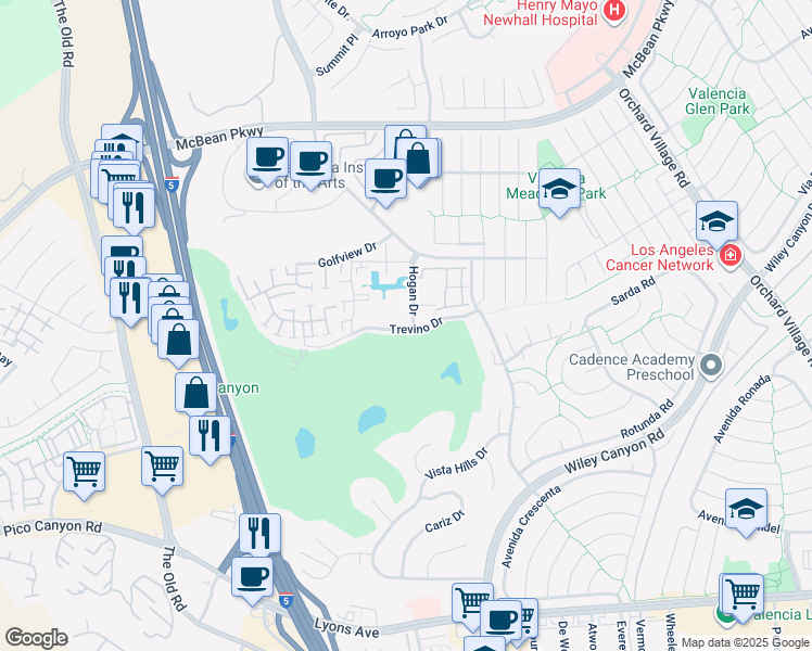 map of restaurants, bars, coffee shops, grocery stores, and more near 25725 Hogan Drive in Santa Clarita