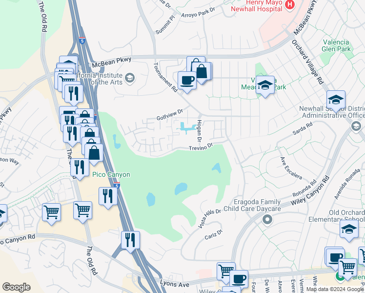 map of restaurants, bars, coffee shops, grocery stores, and more near 25730 Player Drive in Santa Clarita
