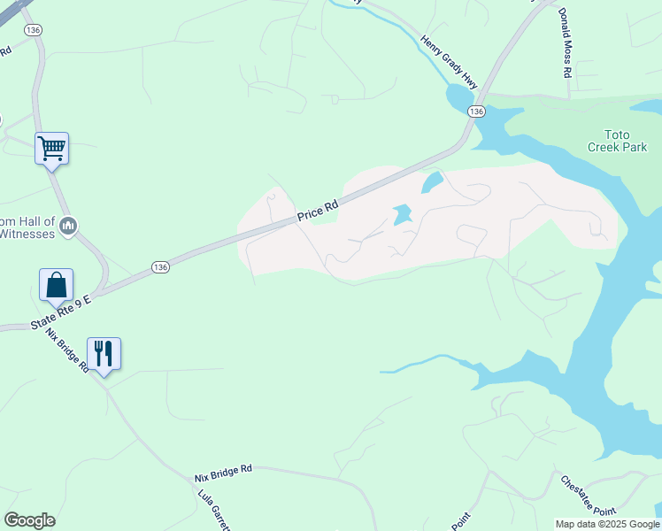 map of restaurants, bars, coffee shops, grocery stores, and more near 165 Grant Ford Drive in Dawsonville