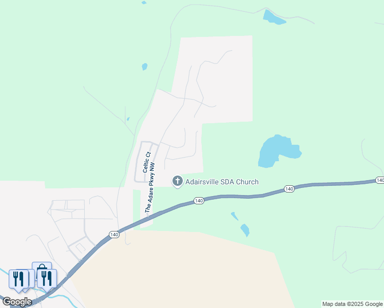 map of restaurants, bars, coffee shops, grocery stores, and more near 27 Shamrock Chase in Adairsville