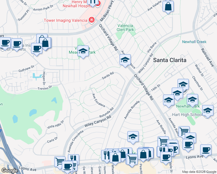 map of restaurants, bars, coffee shops, grocery stores, and more near 25457 Vía Macarena in Santa Clarita