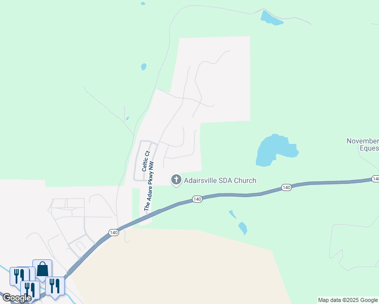 map of restaurants, bars, coffee shops, grocery stores, and more near 27 Shamrock Chase in Adairsville