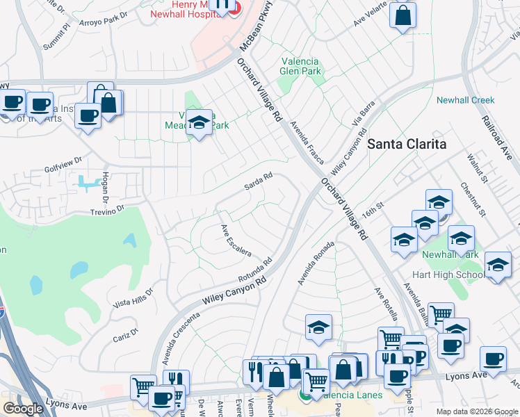 map of restaurants, bars, coffee shops, grocery stores, and more near 25457 Vía Macarena in Santa Clarita