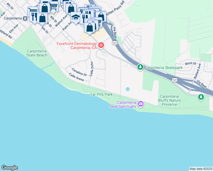 map of restaurants, bars, coffee shops, grocery stores, and more near 420 Arbol Verde Street in Carpinteria