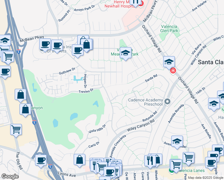 map of restaurants, bars, coffee shops, grocery stores, and more near 25655 Yucca Valley Road in Santa Clarita