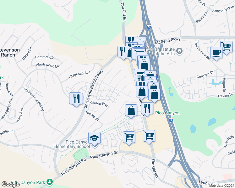 map of restaurants, bars, coffee shops, grocery stores, and more near 25118 Steinbeck Avenue in Stevenson Ranch