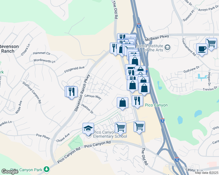 map of restaurants, bars, coffee shops, grocery stores, and more near 25112 Steinbeck Avenue in Stevenson Ranch