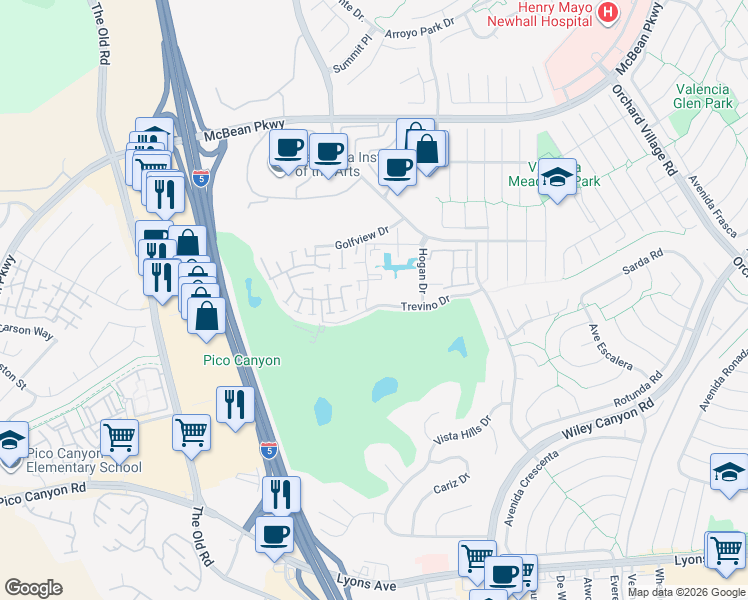 map of restaurants, bars, coffee shops, grocery stores, and more near 25730 Player Drive in Santa Clarita