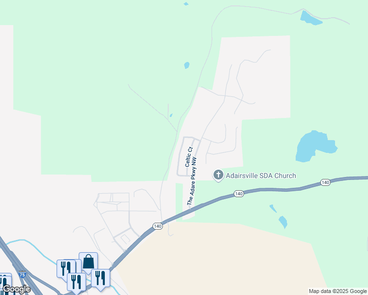 map of restaurants, bars, coffee shops, grocery stores, and more near 60 Castlemoor Loop in Adairsville
