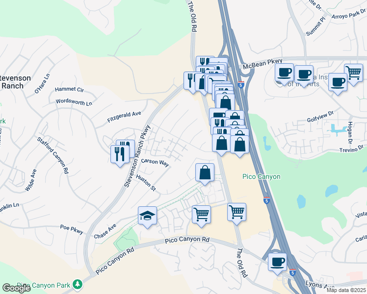 map of restaurants, bars, coffee shops, grocery stores, and more near 25120 Steinbeck Avenue in Stevenson Ranch