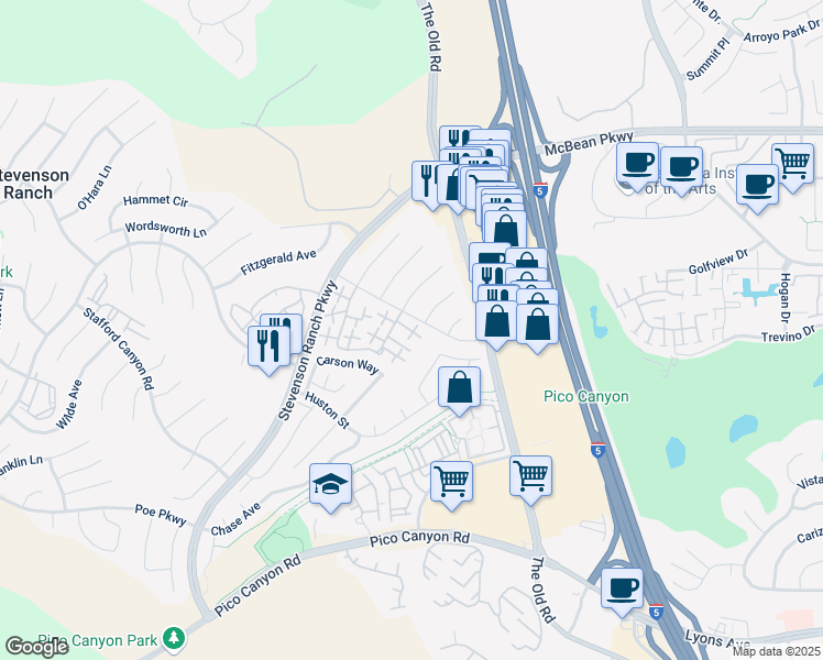 map of restaurants, bars, coffee shops, grocery stores, and more near 25114 Steinbeck Avenue in Stevenson Ranch