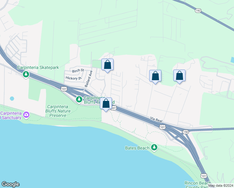map of restaurants, bars, coffee shops, grocery stores, and more near 6180 Via Real in Carpinteria