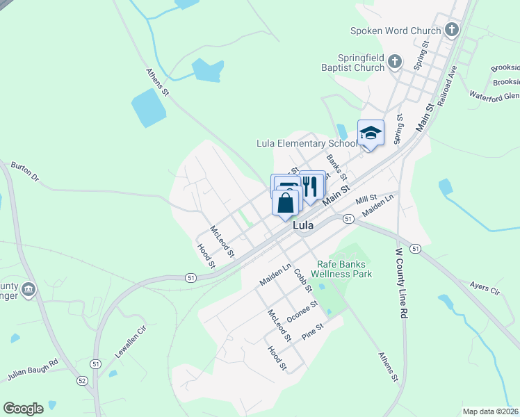 map of restaurants, bars, coffee shops, grocery stores, and more near 6061 Athens Street in Lula