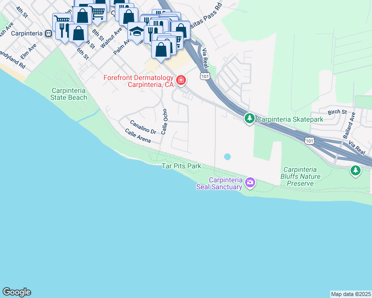 map of restaurants, bars, coffee shops, grocery stores, and more near 5664 Calle Pacific in Carpinteria
