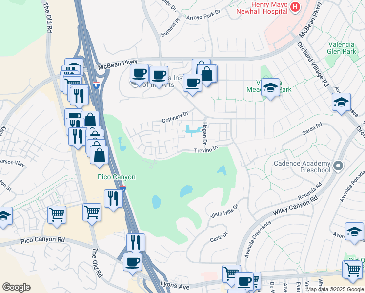 map of restaurants, bars, coffee shops, grocery stores, and more near 25730 Player Drive in Santa Clarita