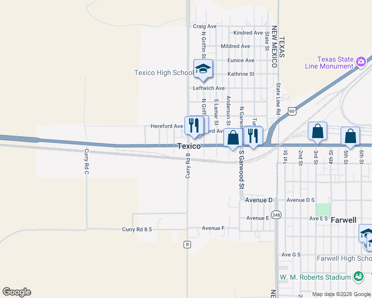 map of restaurants, bars, coffee shops, grocery stores, and more near in Texico