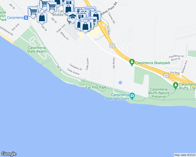 map of restaurants, bars, coffee shops, grocery stores, and more near 5664 Calle Pacific in Carpinteria
