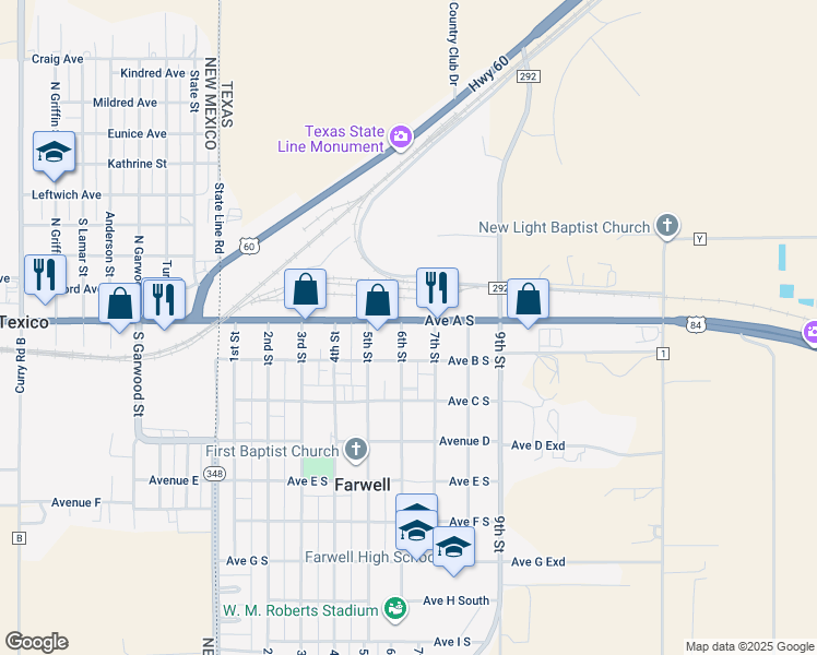 map of restaurants, bars, coffee shops, grocery stores, and more near 510 Avenue A South in Farwell