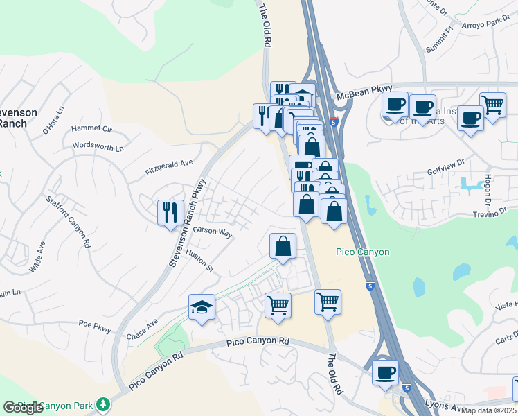 map of restaurants, bars, coffee shops, grocery stores, and more near 25705 Emerson Lane in Stevenson Ranch