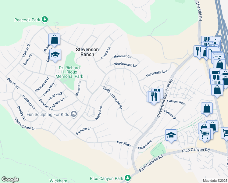 map of restaurants, bars, coffee shops, grocery stores, and more near 25949 Stafford Canyon Road in Stevenson Ranch