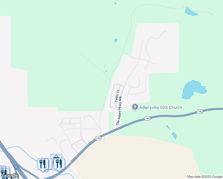map of restaurants, bars, coffee shops, grocery stores, and more near 61 Castlemoor Loop in Adairsville