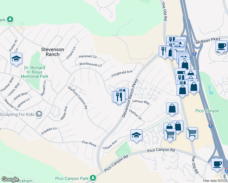 map of restaurants, bars, coffee shops, grocery stores, and more near 25725 Perlman Place in Stevenson Ranch