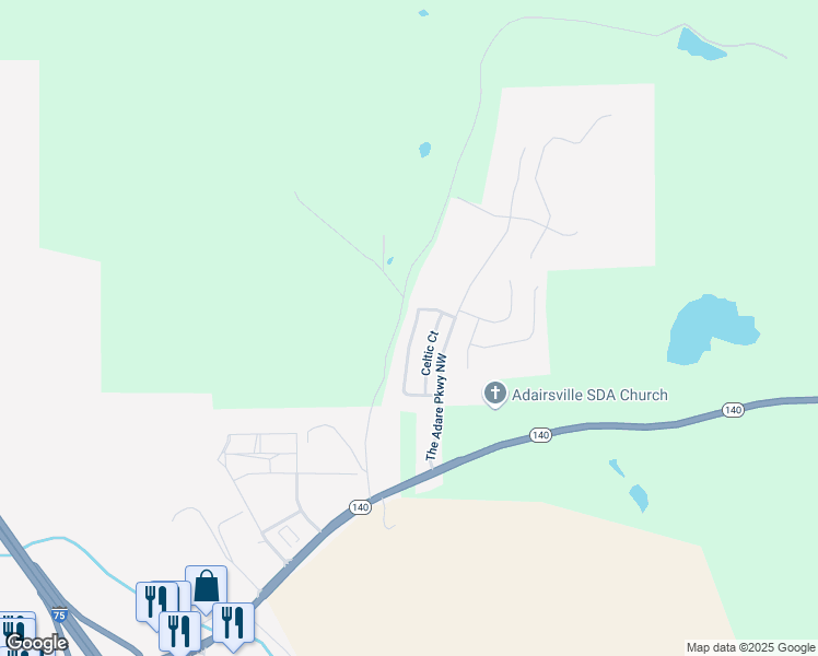 map of restaurants, bars, coffee shops, grocery stores, and more near 61 Castlemoor Loop in Adairsville