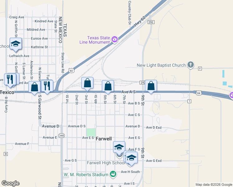 map of restaurants, bars, coffee shops, grocery stores, and more near 510 Avenue A South in Farwell