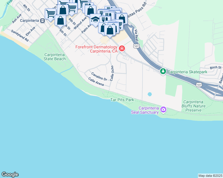 map of restaurants, bars, coffee shops, grocery stores, and more near 5596 Calle Ocho in Carpinteria