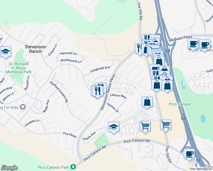 map of restaurants, bars, coffee shops, grocery stores, and more near 25730 Armstrong Circle in Stevenson Ranch