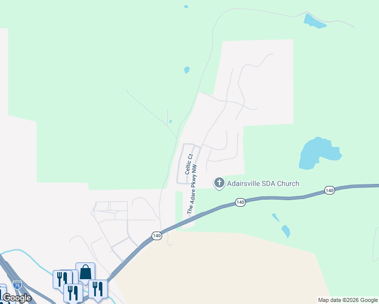 map of restaurants, bars, coffee shops, grocery stores, and more near 45 Celtic Court in Adairsville