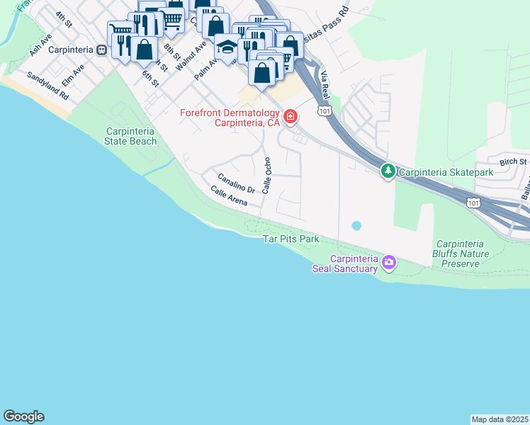 map of restaurants, bars, coffee shops, grocery stores, and more near 5596 Calle Ocho in Carpinteria