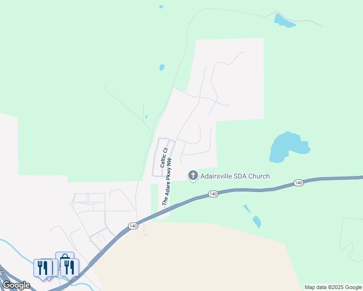 map of restaurants, bars, coffee shops, grocery stores, and more near 28 Blarneystone Way in Adairsville