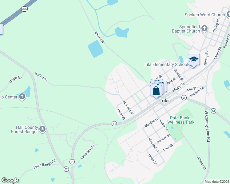 map of restaurants, bars, coffee shops, grocery stores, and more near 5924 McLeod Street in Lula