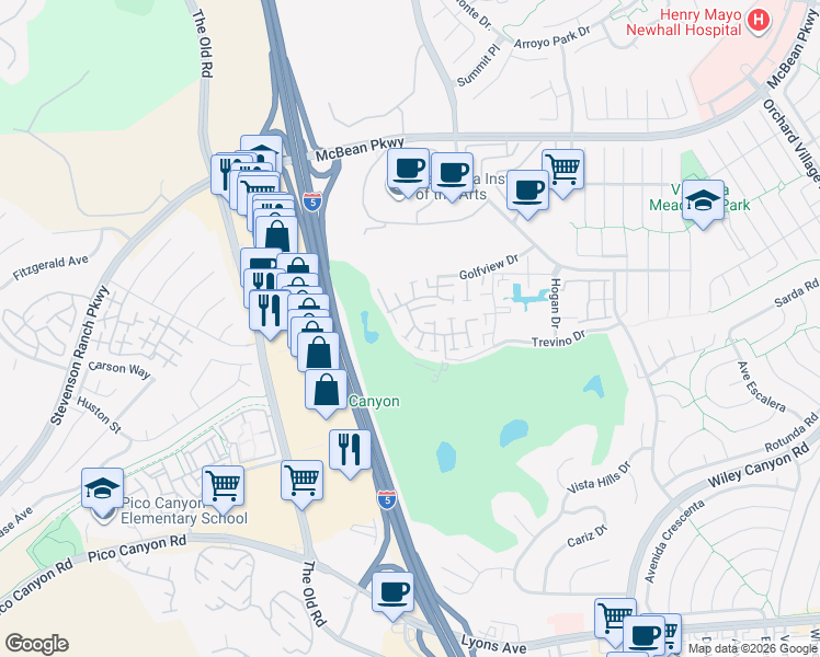 map of restaurants, bars, coffee shops, grocery stores, and more near 24800 Sand Wedge Lane in Santa Clarita